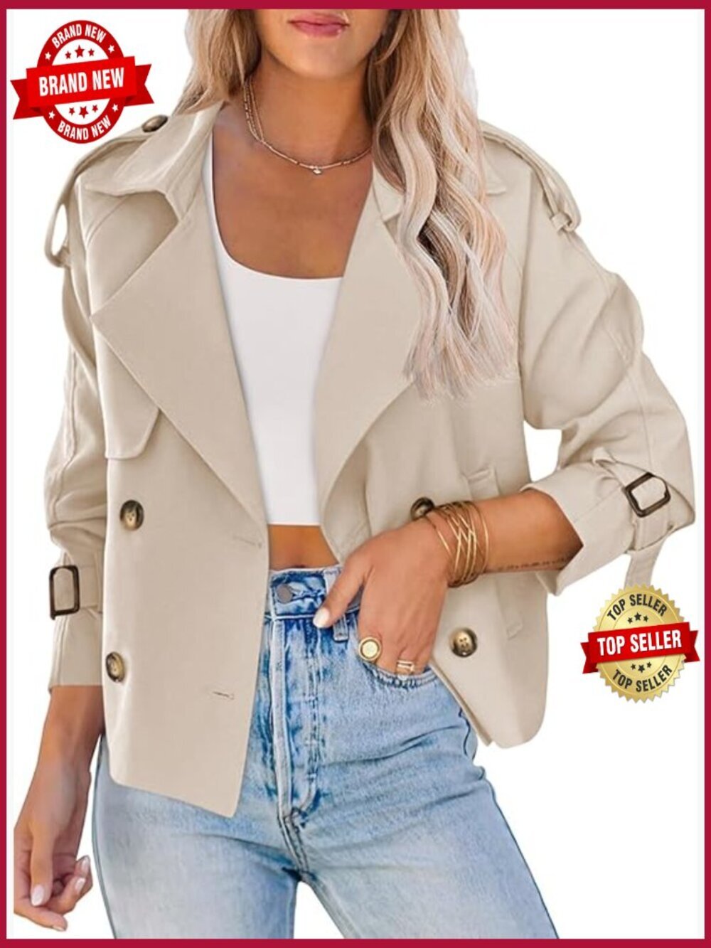 Women Crop Double Breasted Trench Coat with Pockets